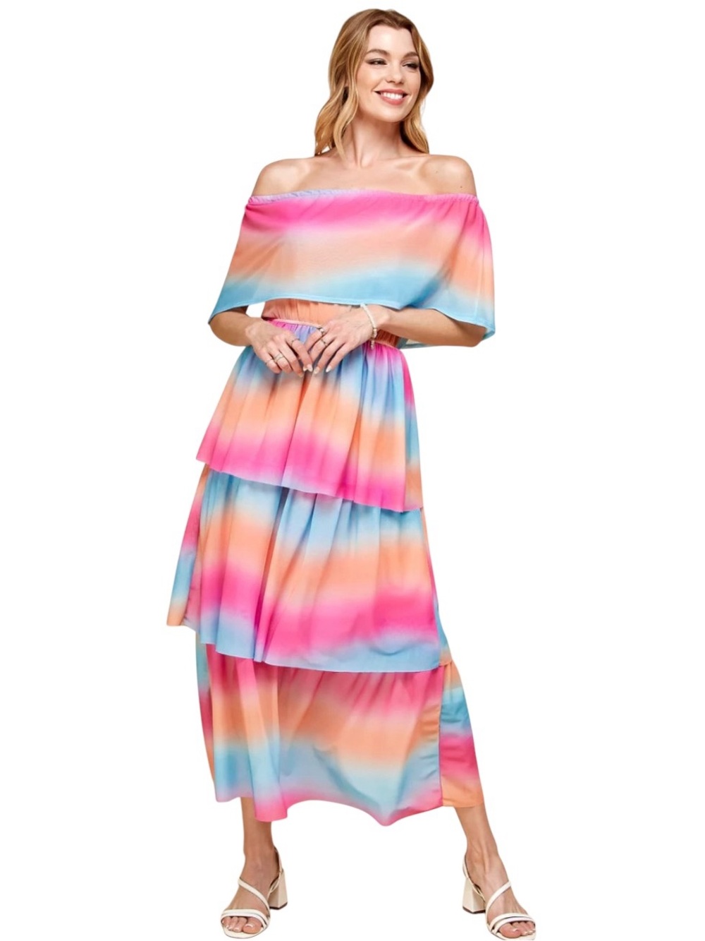 New If She Loves Lotus Hot Pink Blue Coral Layered Off Shoulder Mesh Midi Dress